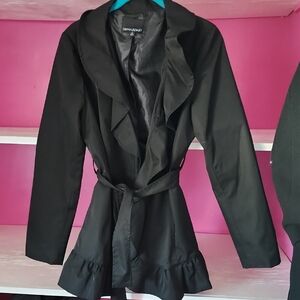 Cynthia Rowley Black Ruffled Tie-Waist Trench Coat